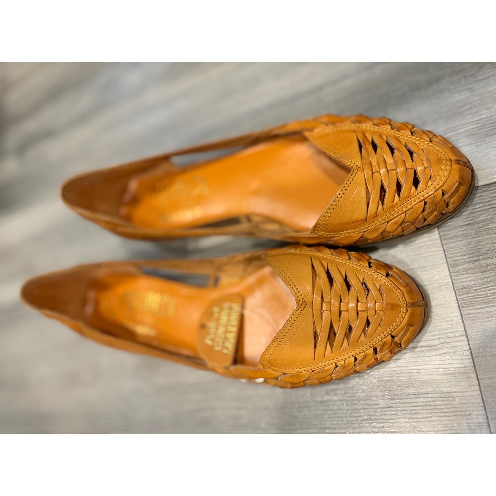 Handcrafted Megaldi Brazilian Woven Leather yellow Flats Cork Bottom Shoes - Picture 2 of 6